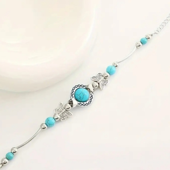 Trendy Turquoise Decor Butterfly Charm Bracelet, Vintage Style - Picture 3 of 6